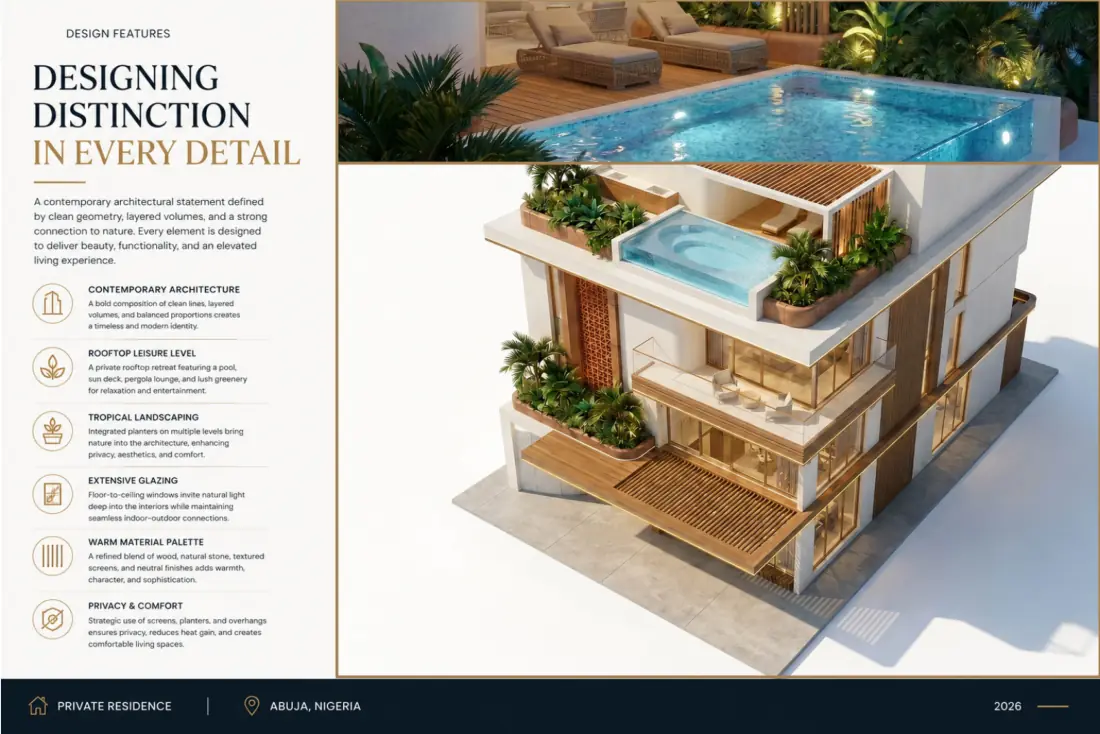 Architectural design features and rooftop pool
