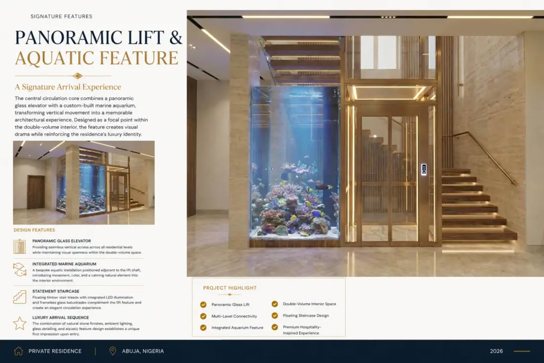 Panoramic glass elevator and aquarium feature